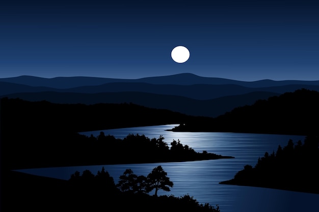 Vector blue night over river with moon