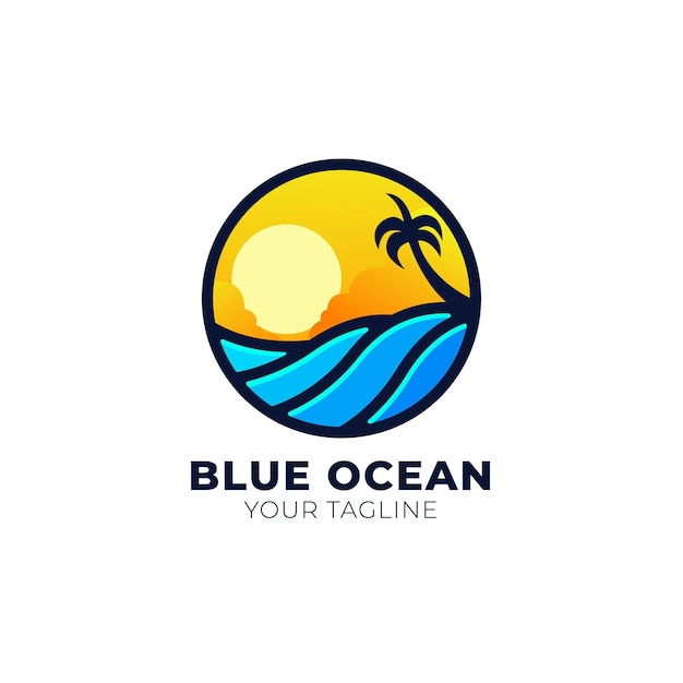 Blue ocean and beach illustration logo design