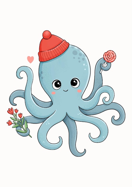 Blue octopus in red hat with flowers and lollipop vector illustration