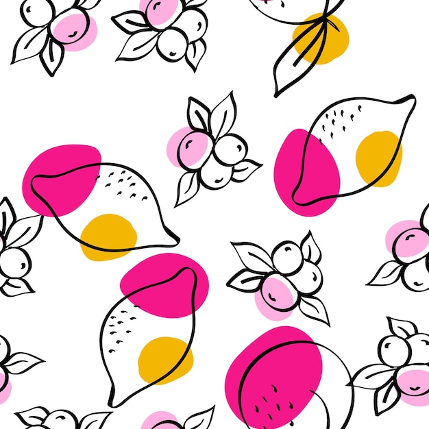 Blue and Orange Lemon Vector White Seamless Pattern. Cute Fruit Print. Bright Apricot and Lime Line Wallpaper.