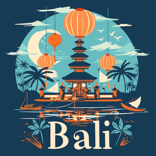 Vector a blue and orange poster of bali with a lot of lights and palm trees