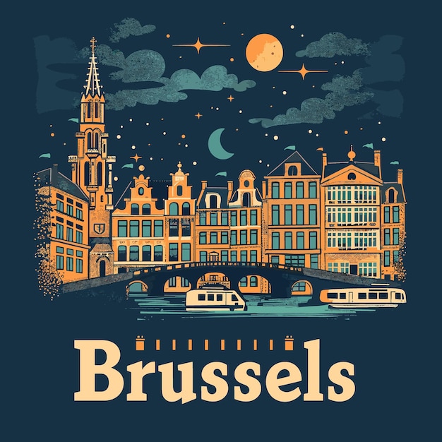 A blue and orange poster of a Brussels city with a bridge and a moon