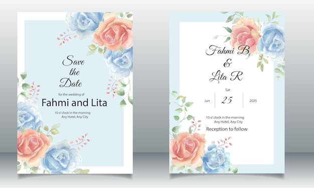 Blue and Orange Rose Watercolor Flower Wedding Template