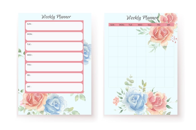 Blue and Orange Rose Watercolor Flower Weekly Planner Template