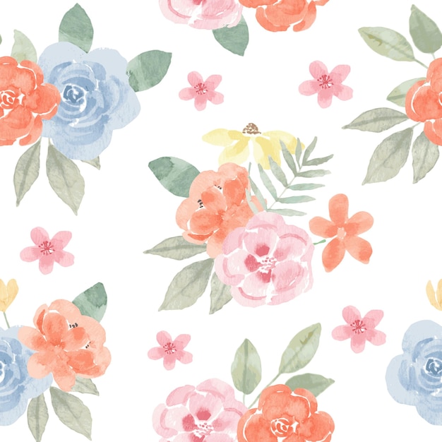 Blue Orange Watercolor Flower Seamless Pattern