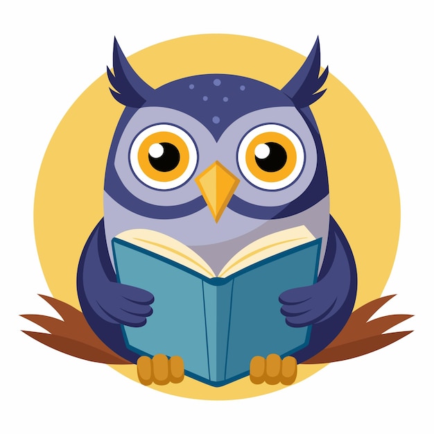 a blue owl reading a book with yellow eyes