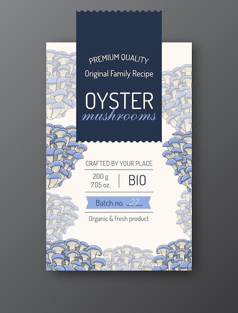 Blue Oyster mushroom label template Modern vector packaging design layout Isolated