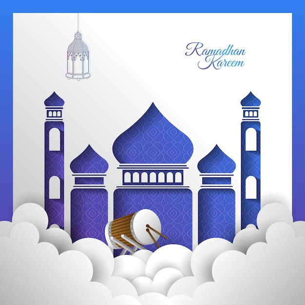 Blue paper style mosque design for ramadan kareem background