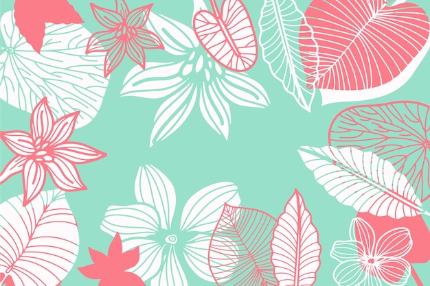 Blue pastel linear tropical leaves background