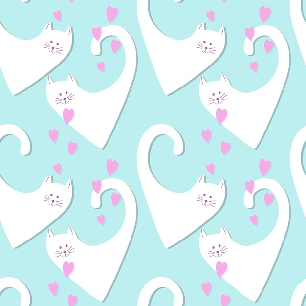 Blue pattern Cat and heart Valentines day, love, wedding.