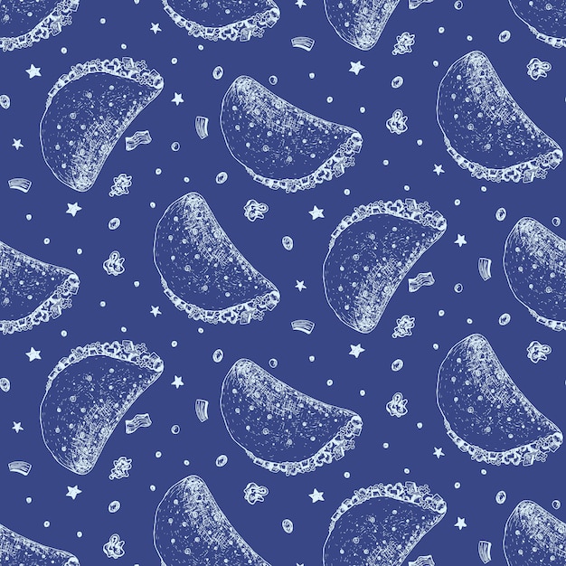 Blue pattern with outline cute sketch mexican taco