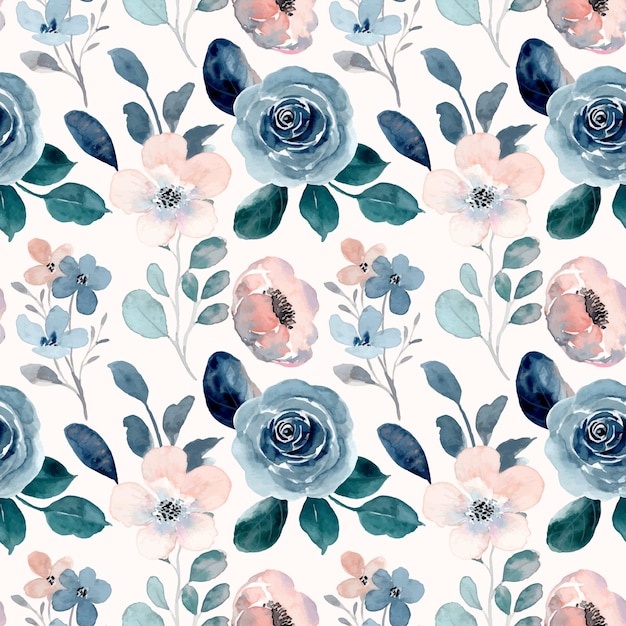 Blue peach watercolor floral seamless pattern