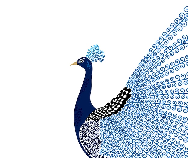 A blue peacock with a pattern of circles on the tail