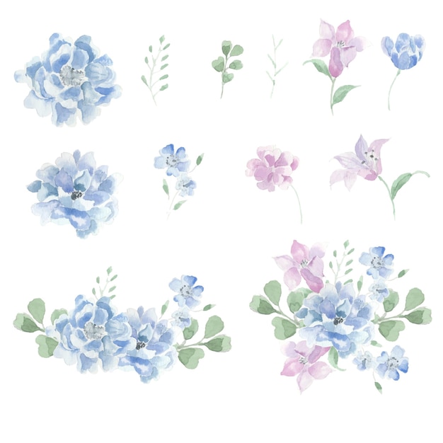 Blue Peony and Bell Flower Watercolor Clipart