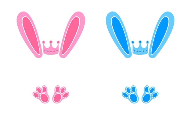 Blue and pink bunny ears and feet with crowns Design elements for boy or girl tshirt baby shower