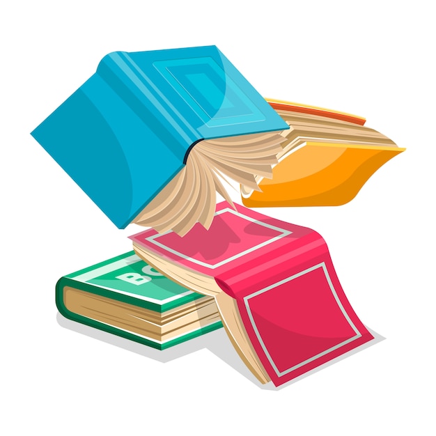 Blue, pink, green, yellow thick books falling down or flying. Unnecessary stuff in heap concept. Revising for exams at school, college, university.  cartoon illustration  on white.