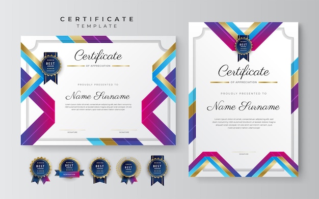 Blue and pink purple technology certificate of achievement border template with luxury badge and modern line pattern For award business and education needs