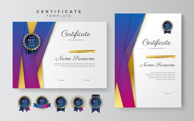 Blue and pink purple technology certificate of achievement border template with luxury badge and modern line pattern For award business and education needs