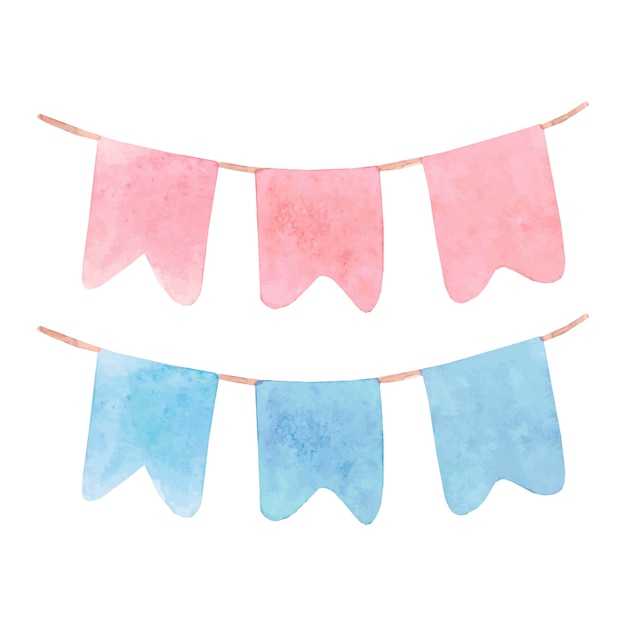 Blue and pink watercolor flags garland Vector illustration