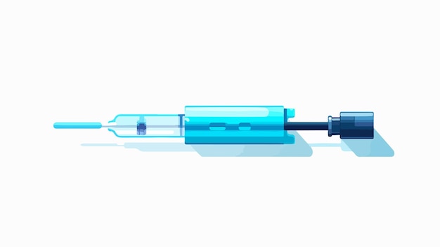 a blue plastic syringe with a blue label that says  reusable