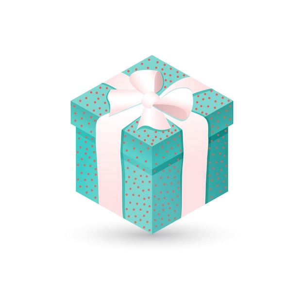 Blue polka dot gift box with bow and ribbon on white isolated background realistic