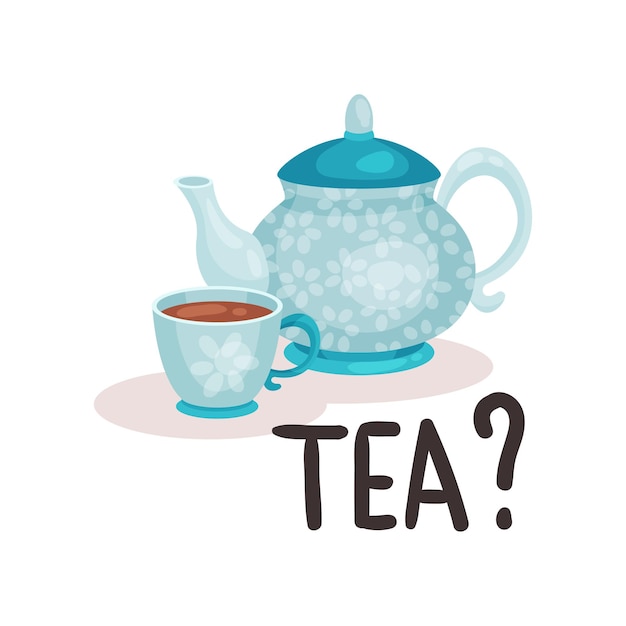 Blue porcelain teapot and cup with fresh tea Traditional British beverage Isolated flat vector design