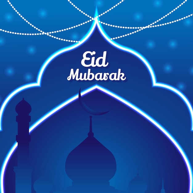 A blue poster with a blue background that says Eid Mubarak