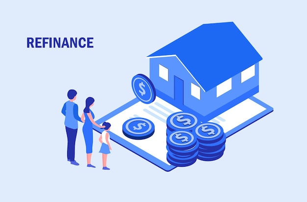 a blue poster with a couple and a house with a stack of coins