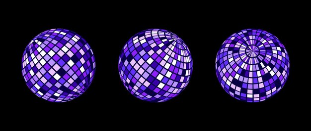 Vector blue purple disco ball set collection of wireframe spheres in different angles grid globe or checker