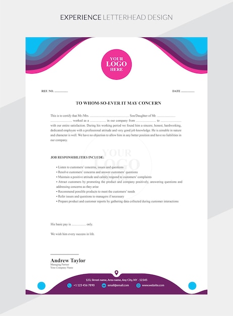 Blue-purple editable experience letterhead template design premium vector