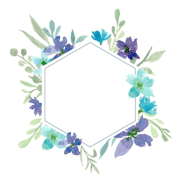 Blue and purple gerbera flower with green pastel leaf watercolor hexagonal frame premium vector