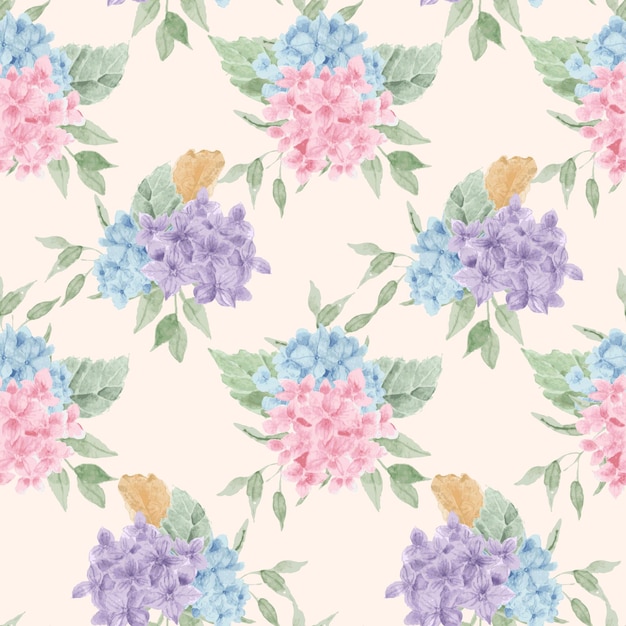 Blue and Purple Hydrangea Watercolor Flower Seamless Pattern