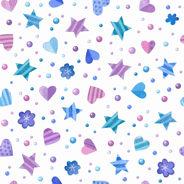 Blue purple and pink hearts stars and flowers seamless pattern Girlish decorative background