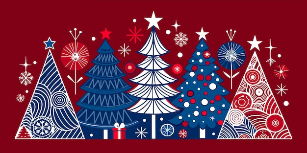 a blue and red background with a christmas tree and presents