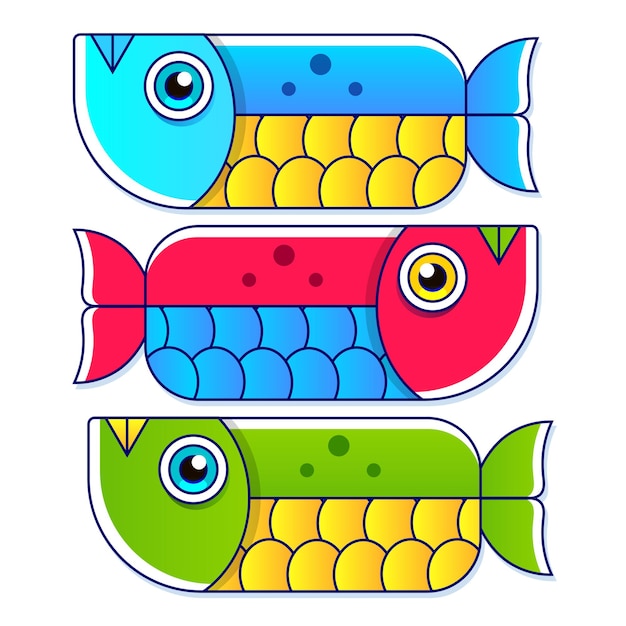 Blue, red and green colorful tropical fish cartoons on white background