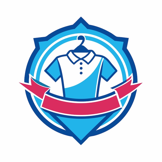 a blue and red logo with a shirt on it