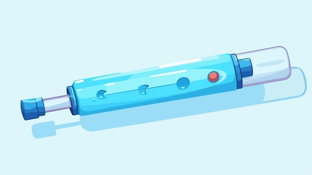 a blue and red syringe with a red button