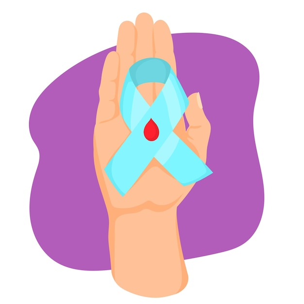 The blue ribbon awareness with red blood drop in woman hand. World diabetes day, 14 November.