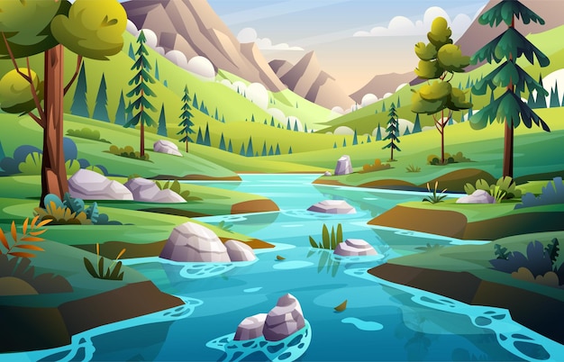 Blue river in forest with rocky mountains landscape view illustration