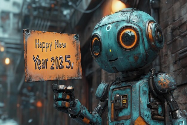 a blue robot holding a sign that says happy new year on it