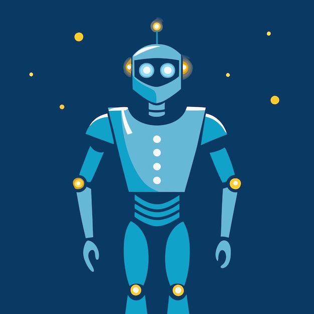 a blue robot with a blue suit and yellow stars in the background