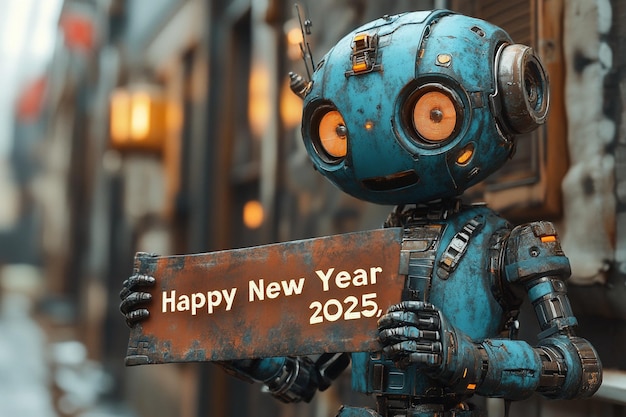 Vector a blue robot with a sign that says happy new year on it