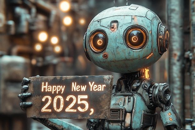 a blue robot with a sign that says happy new year