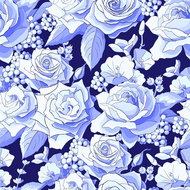 Blue rose flowers seamless pattern