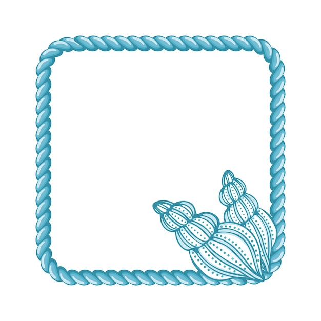 Blue sailor rope with hand drawn seashells isolated on white background Marine background frame