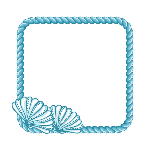 Blue sailor rope with hand drawn seashells isolated on white background Marine background frame