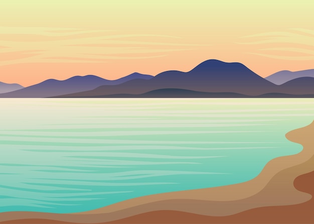 Blue sea sandy beach hills on the background of a pink sky Evening landscape Vector illustration on white background