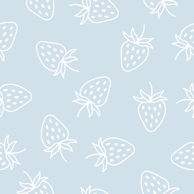 Blue seamless pattern with hand drawn strawberries