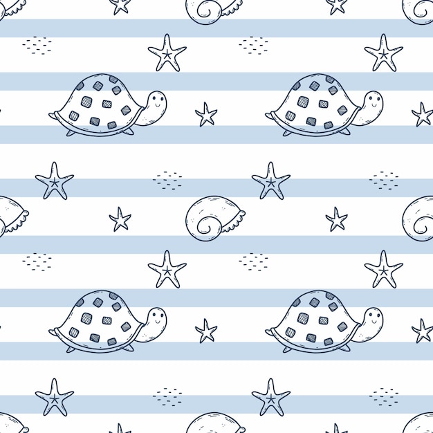 Blue seamless pattern with turtle Starfish and seashell Printing on fabric and wrapping paper Endless wallpaper