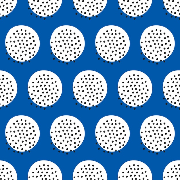 Blue seamless pattern with white circles and black dots